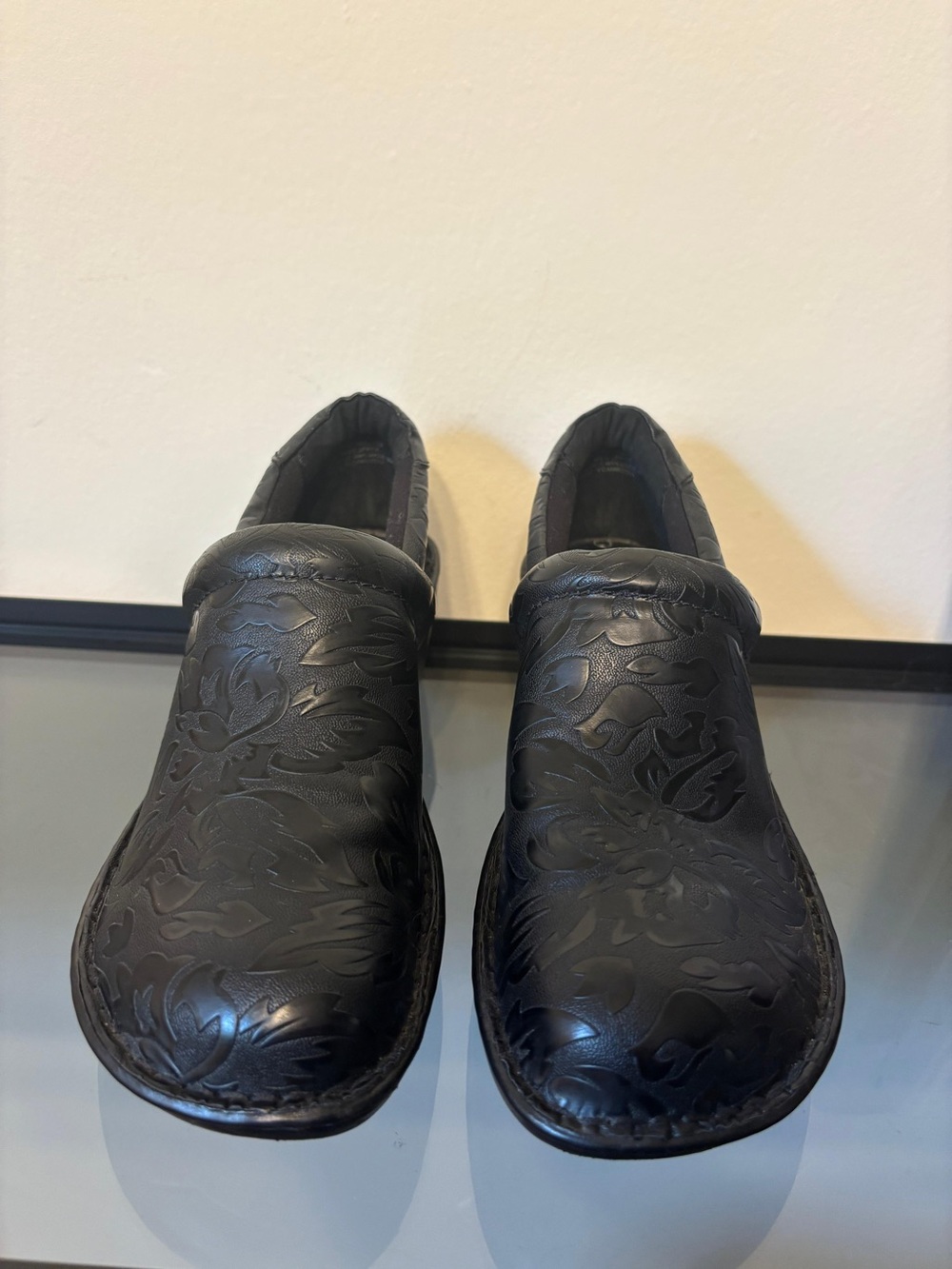 boc Black Embossed Floral Leather Mules